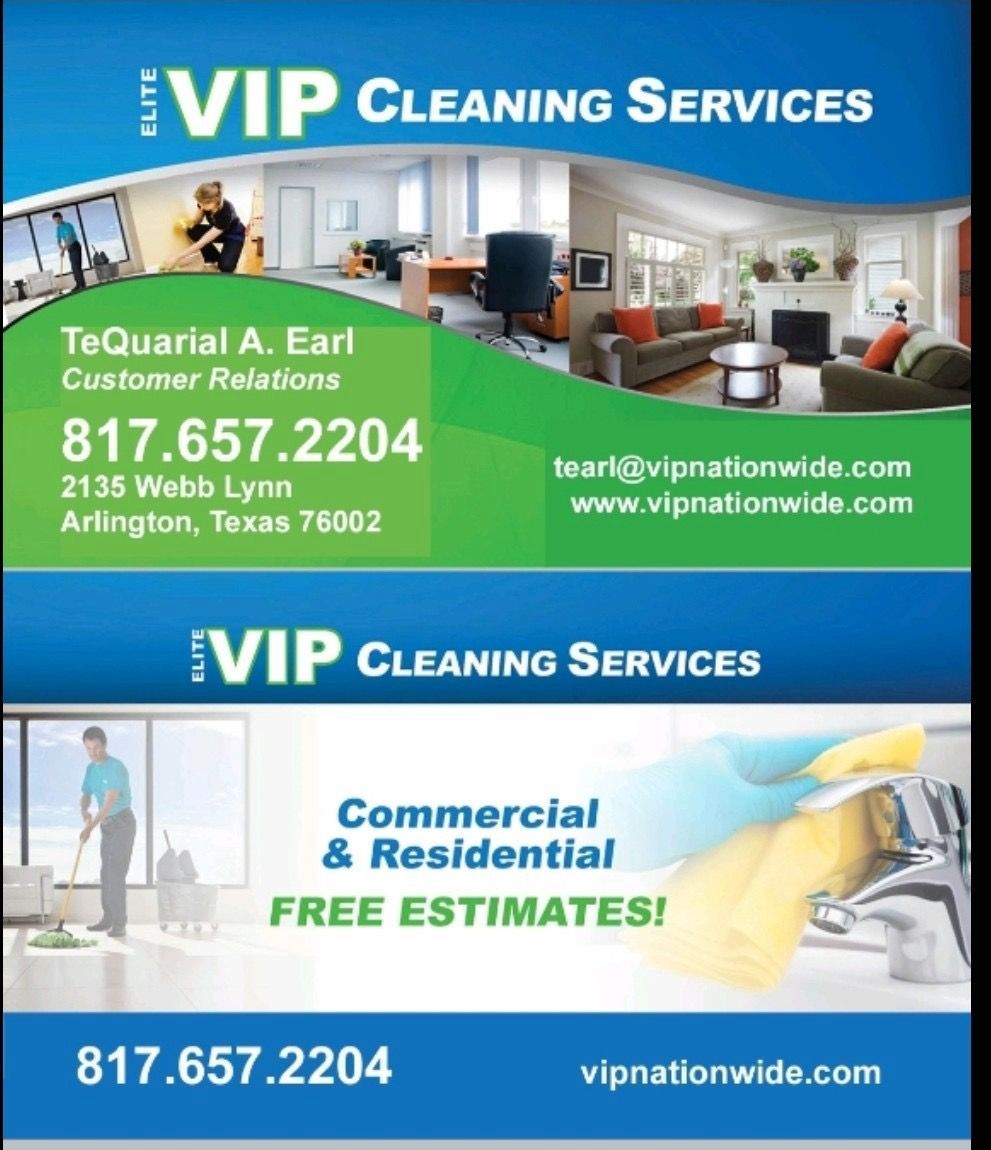 A business card for vip cleaning services in arlington texas