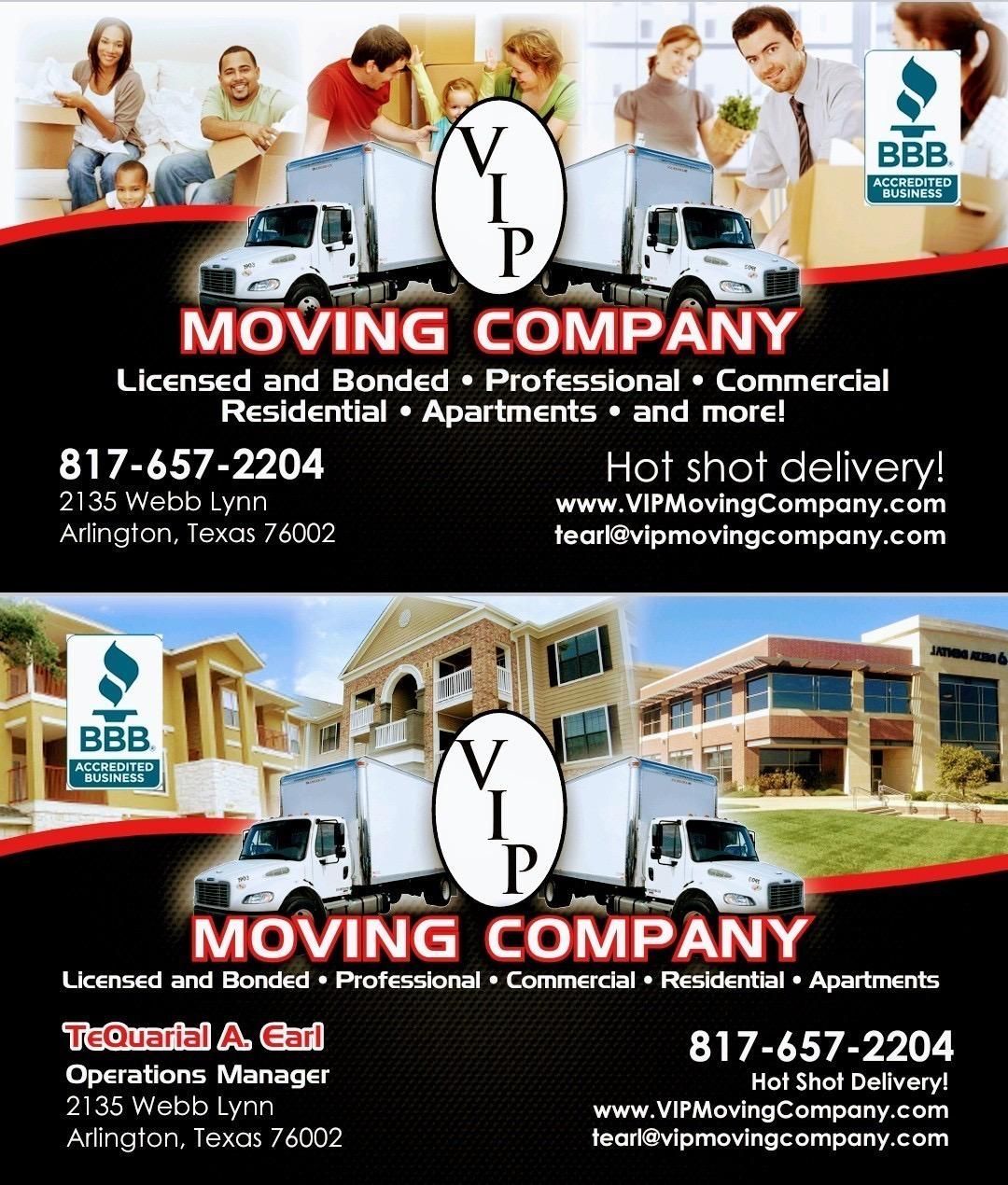 A business card for a moving company with trucks and people