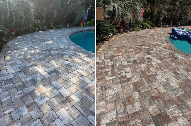 Before and after image of a completed paver sealing project in navarre, fl 