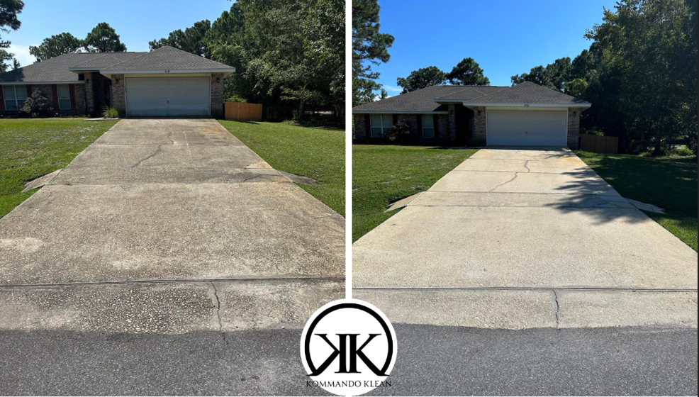 Before and after of a driveway cleaning; concrete driveway before and after power washing.