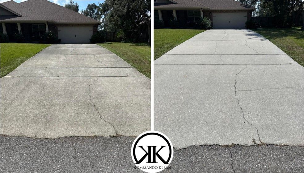 Before and after of a driveway cleaning, showing a concrete driveway before and after pressure washing.