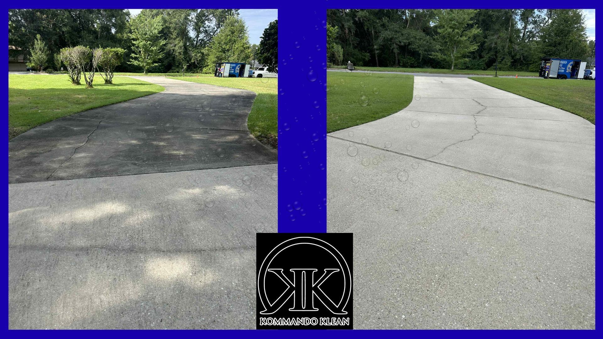 Driveway comparison: before and after cleaning. Left side shows a dirty driveway, right side shows a clean one.