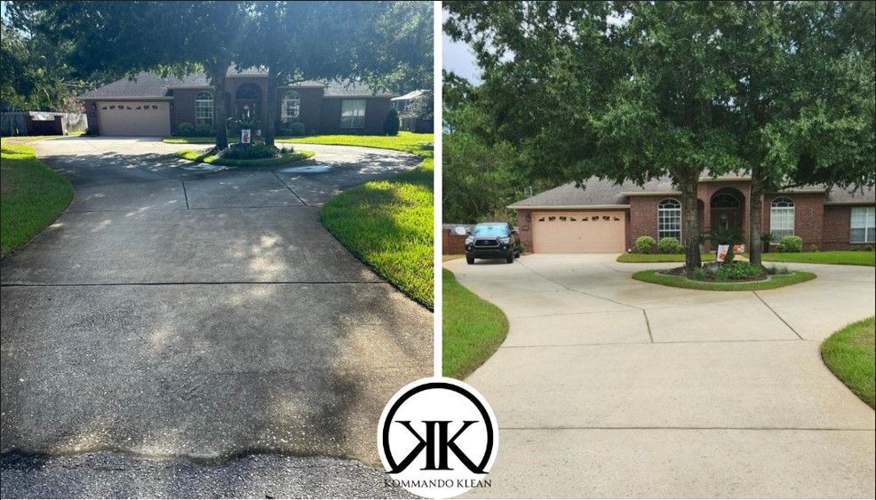 Driveway before and after pressure washing: left side is dirty, right side is clean with house and tree in background.