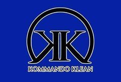The logo for Kommando Klean, based out of Navarre, FL Blue flag with white outline of encircled intertwined
