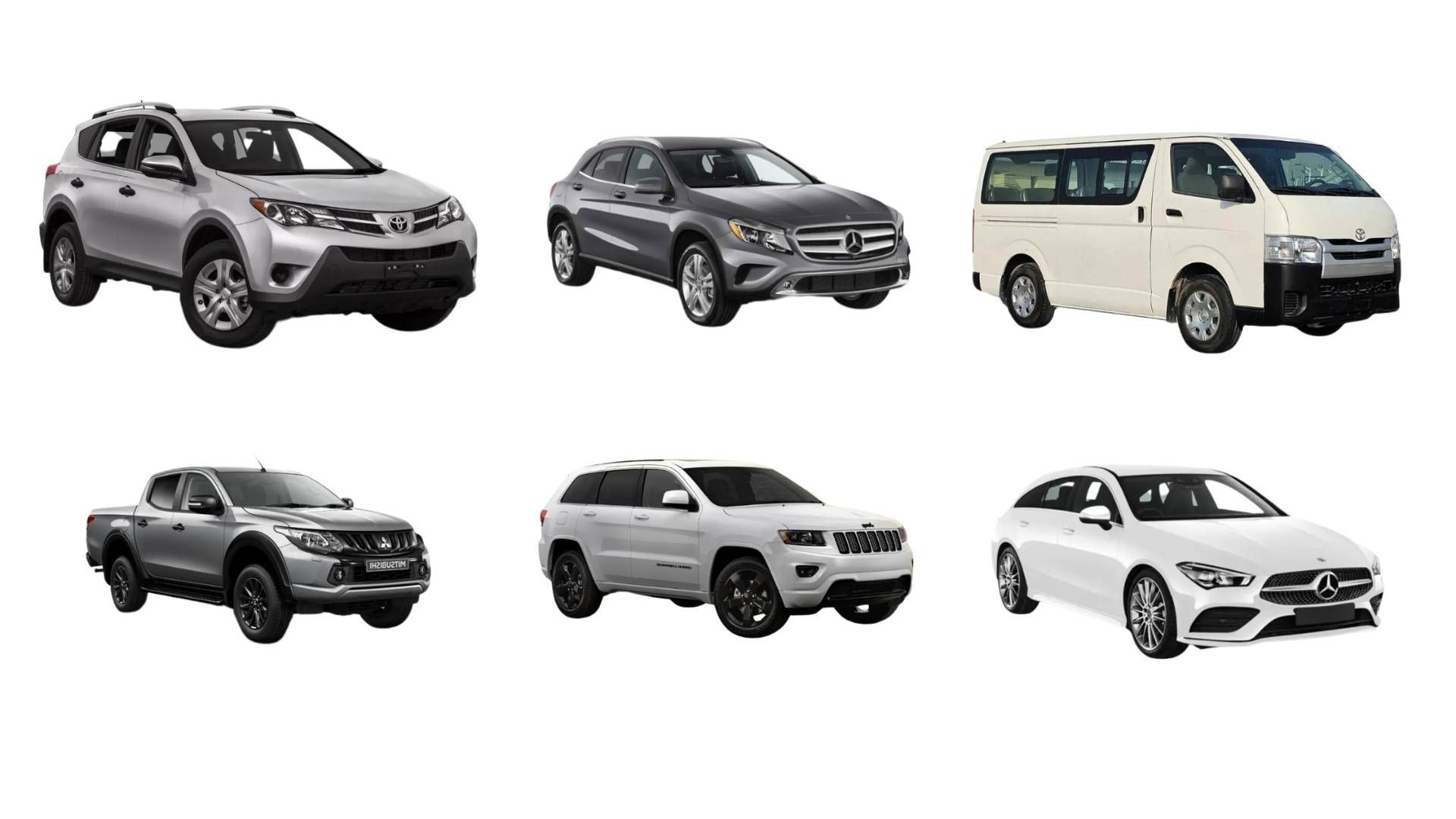 Un collage de six types de voitures différents sur fond blanc.