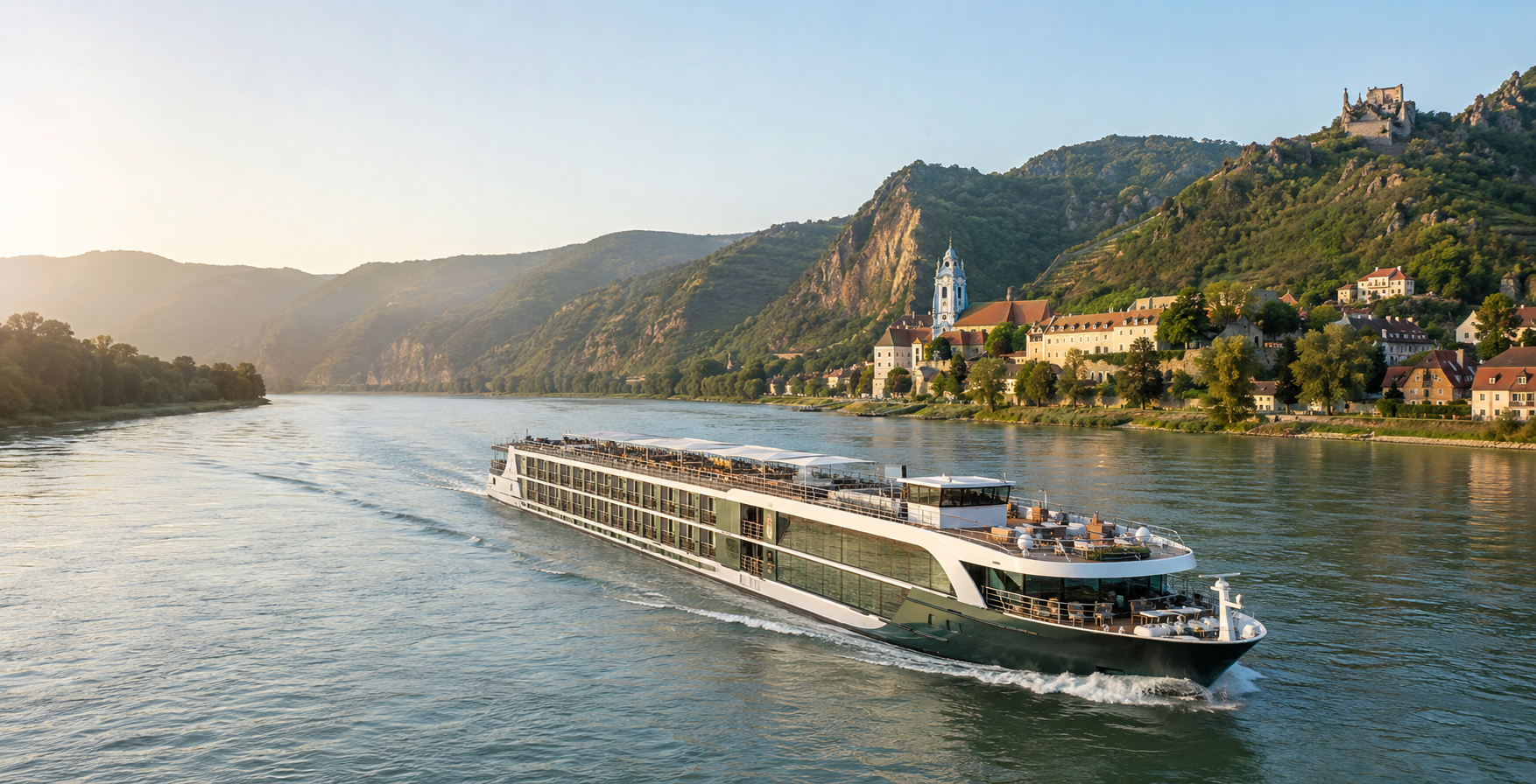 Long river cruise boat on a wide river beside green hills and a hillside town at sunset