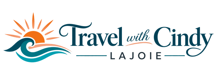 Travel with Cindy Lajoie logo — orange and teal sunrise and ocean wave