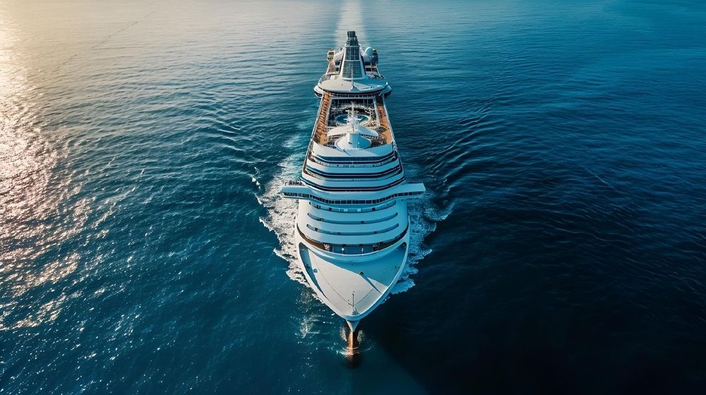 A large white yacht sails on calm blue ocean water, viewed from above.