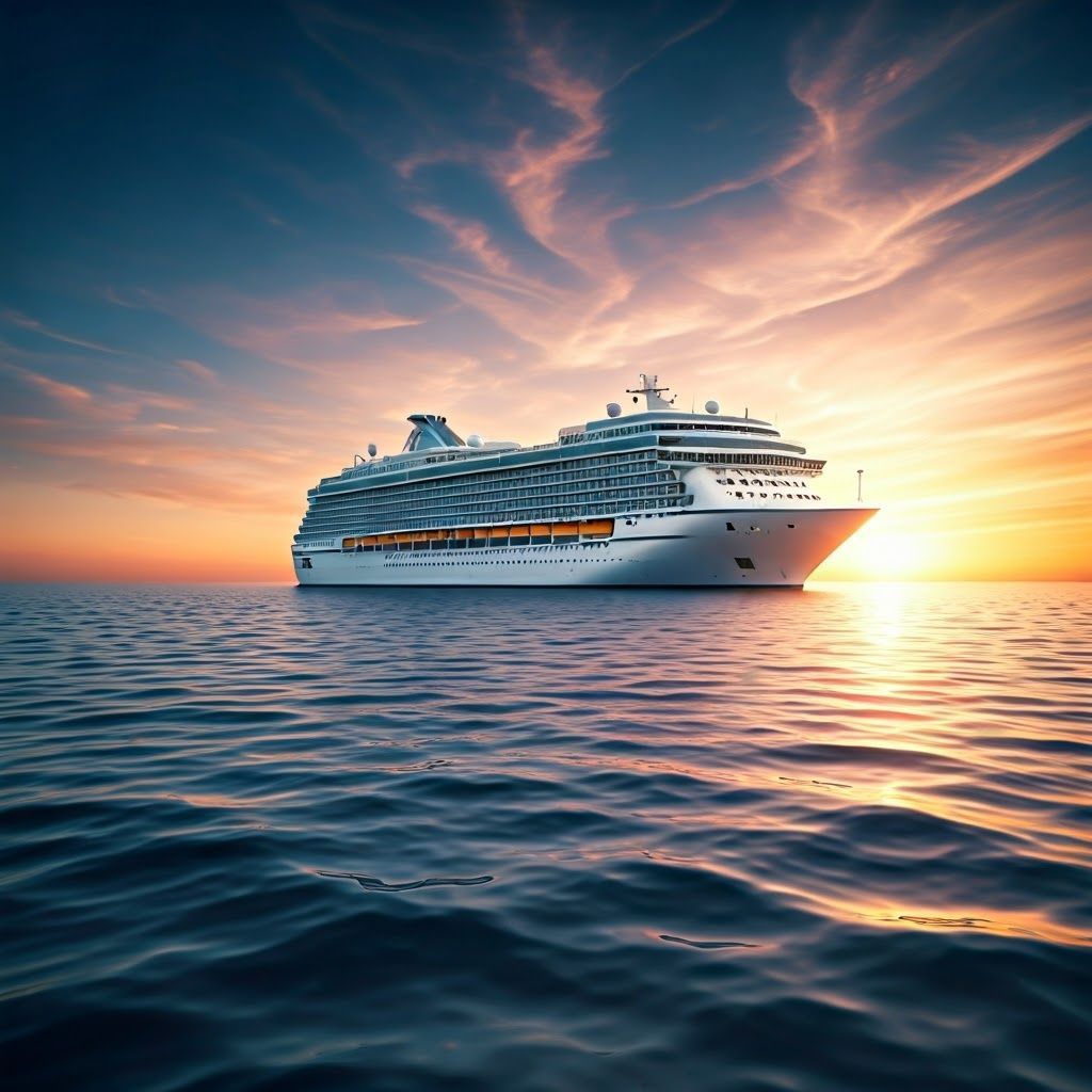 Large white cruise ship on calm ocean at sunset with pink clouds and glowing horizon