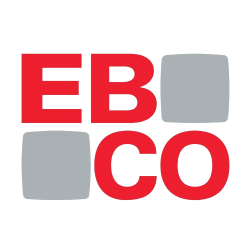 Logotipo de EBCO: Letras rojas "EBCO" con dos cuadrados grises.