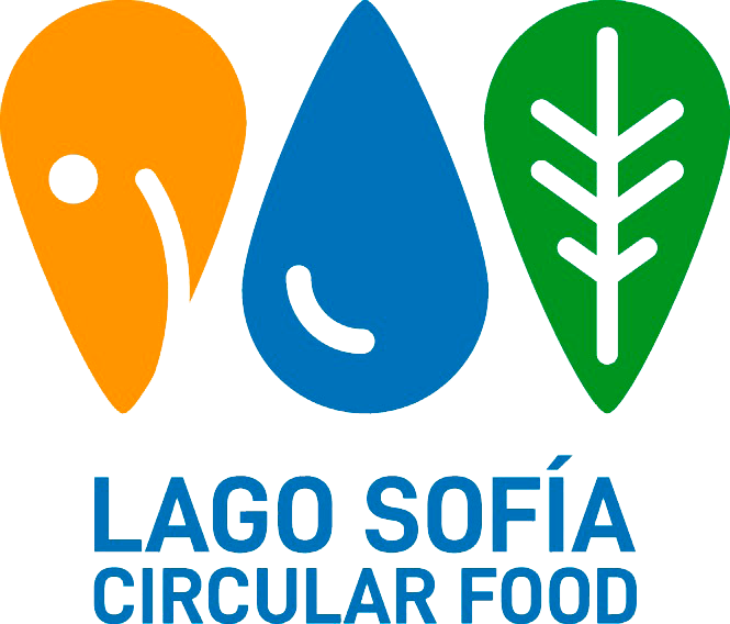Logo de "Lago Sofia Circular Food" con formas de lágrima en naranja, azul y verde con forma de pájaro,gota de agua y hoja.