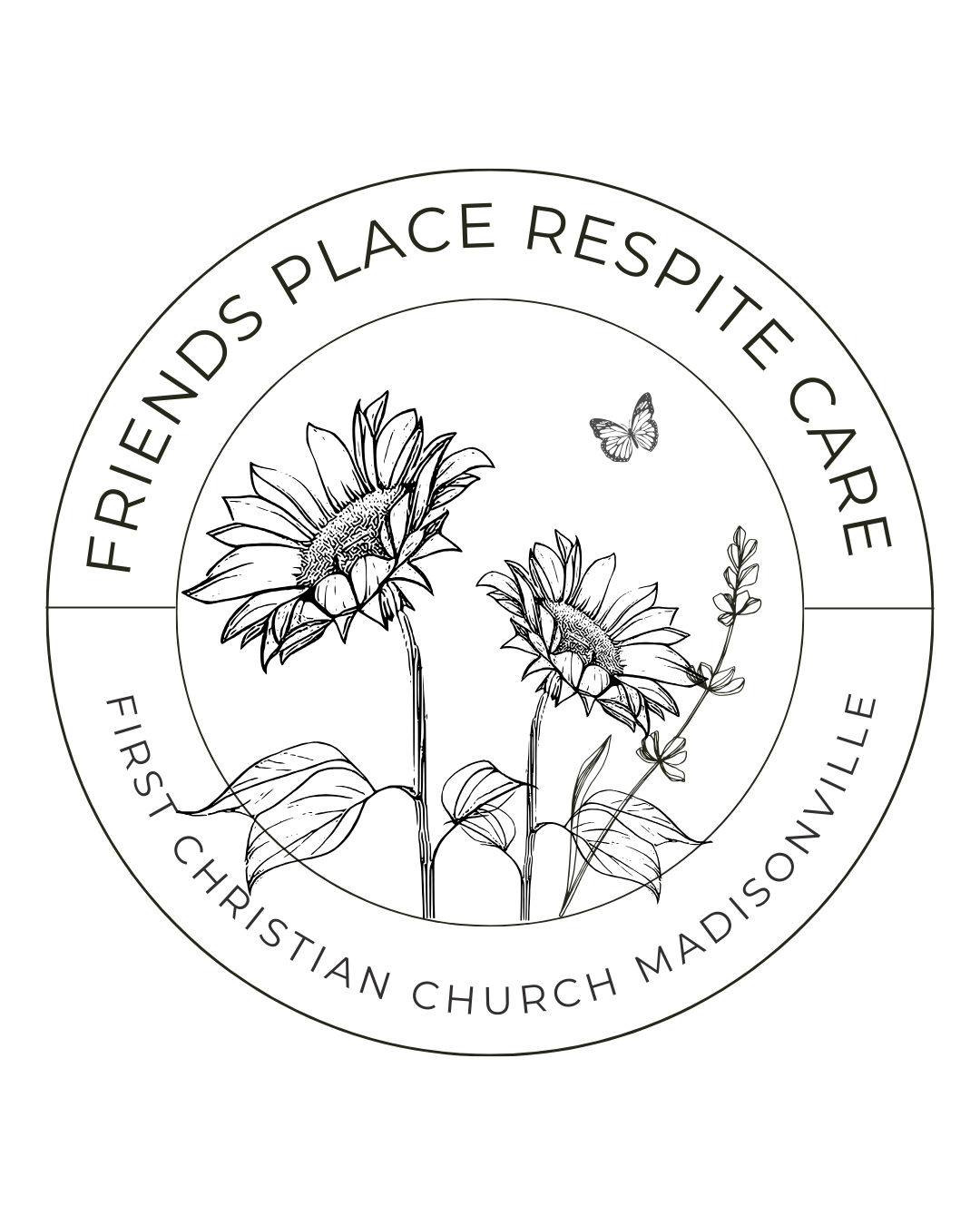 A black and white drawing of flowers and a butterfly in a circle.
