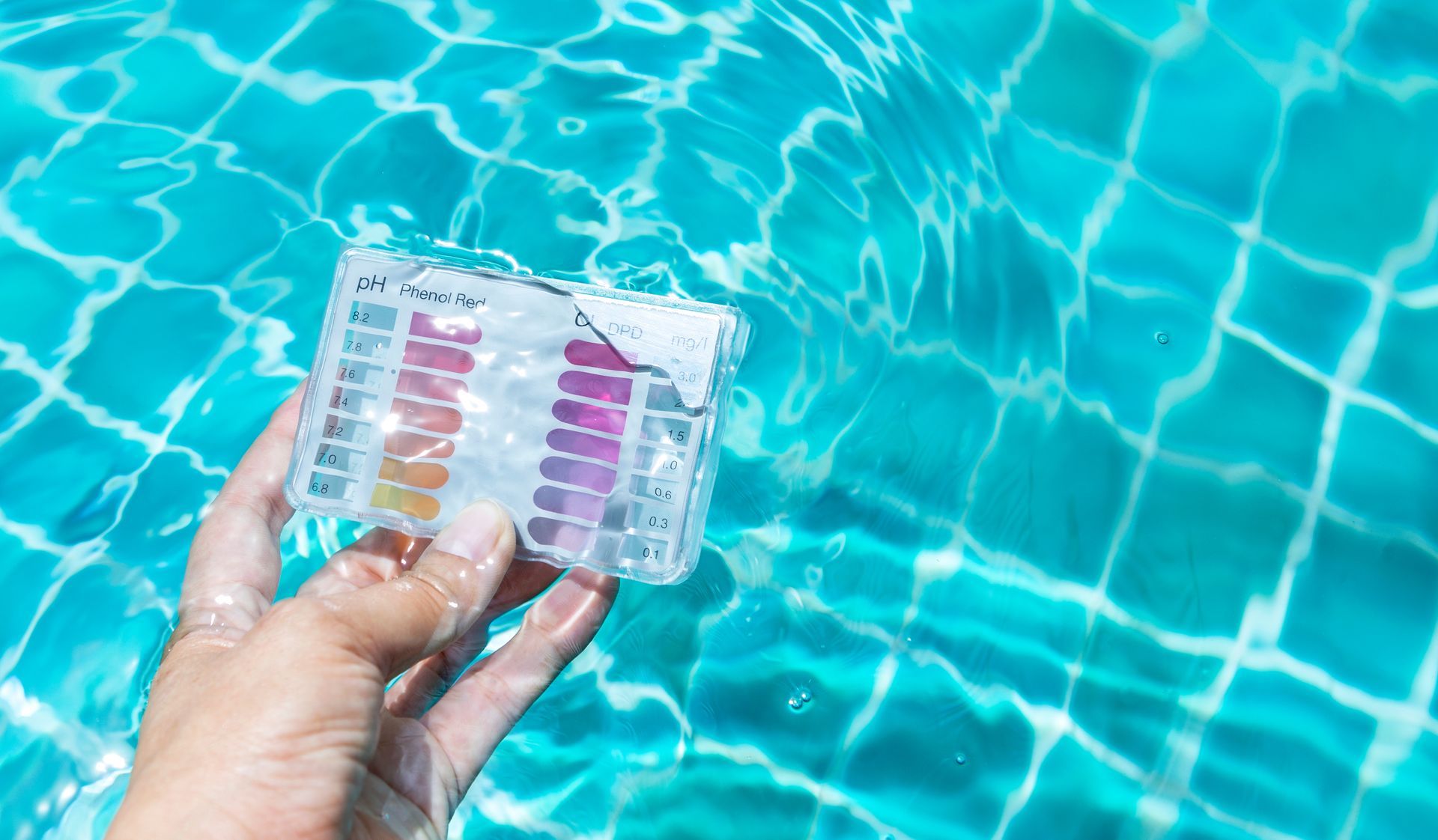 a pH testing kit slightly submerged under water by someones hand.