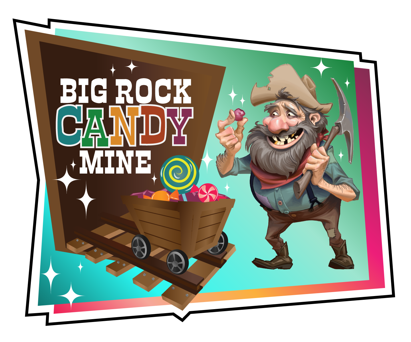 A cartoon of a man standing next to a cart full of candy.
