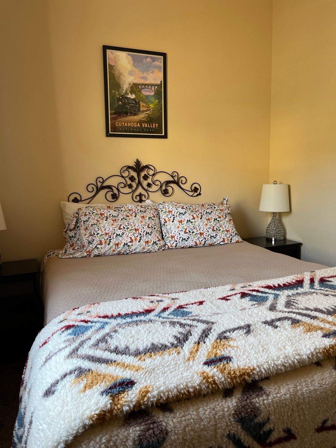 There is a picture of a train on the wall above the bed.