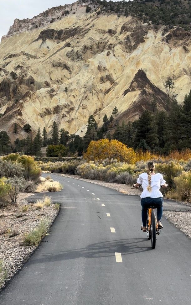 A person is riding a bike down a road with mountains in the background.