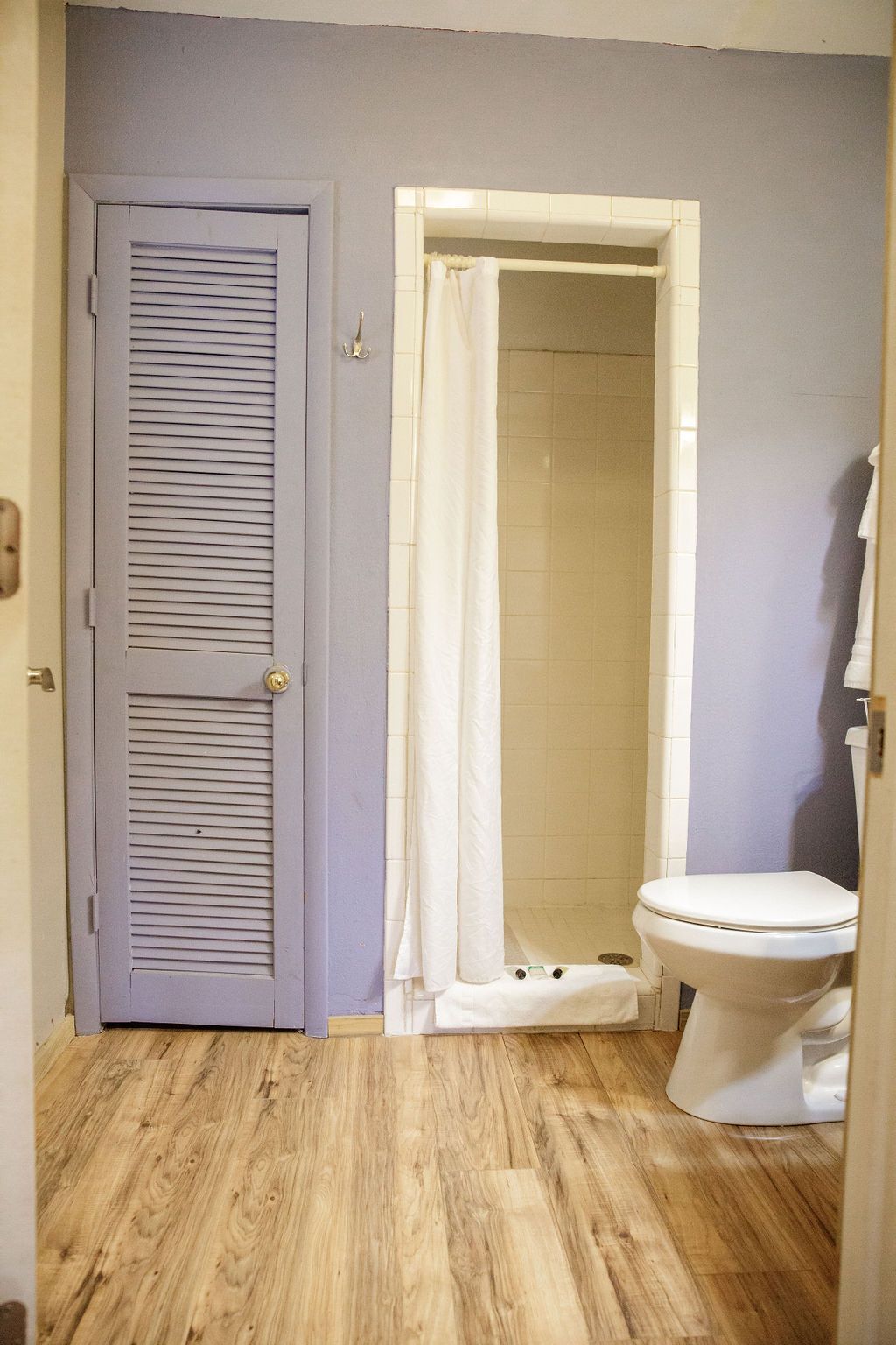 A bathroom with a toilet , shower and purple walls.