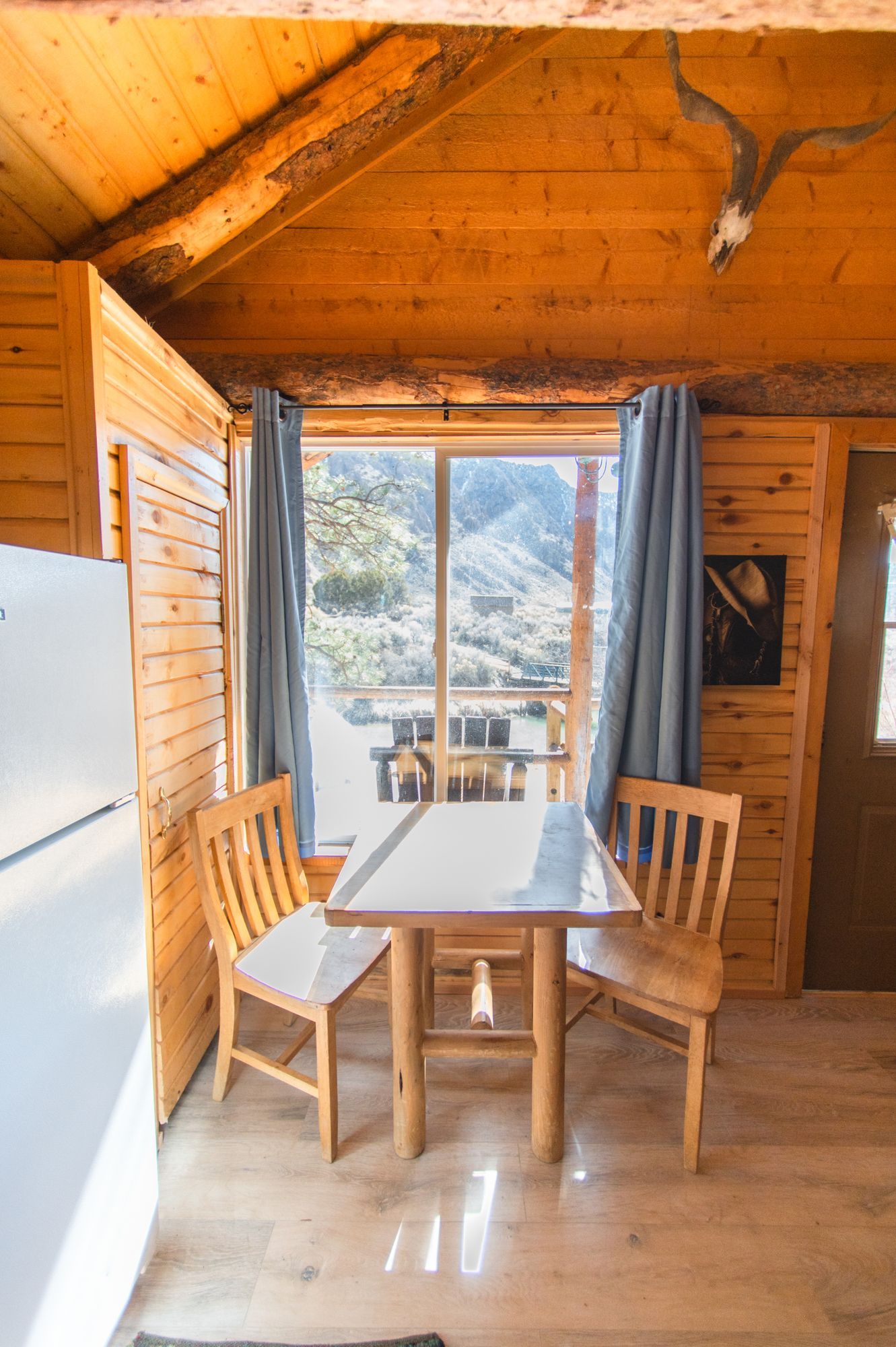 A wooden cabin with a table and chairs and a skull on the ceiling.