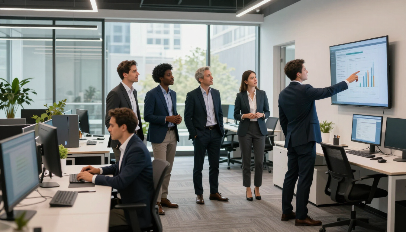 Executives touring a modern Atlanta technology workplace