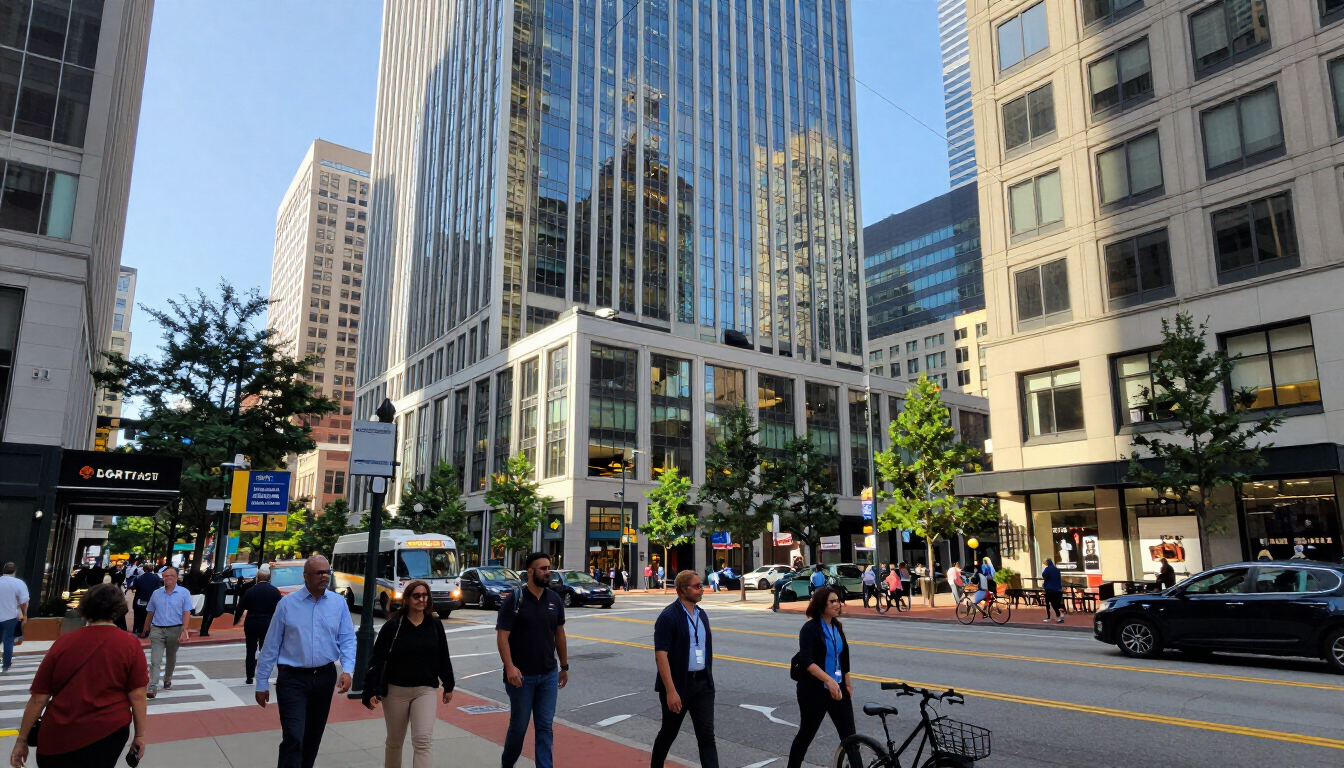 Active Atlanta urban business district with office towers and transit