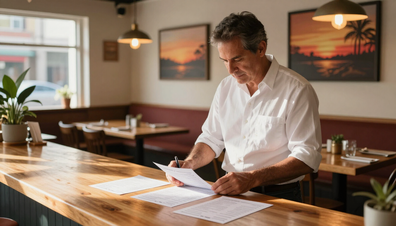 Restaurant owner reviewing invoices