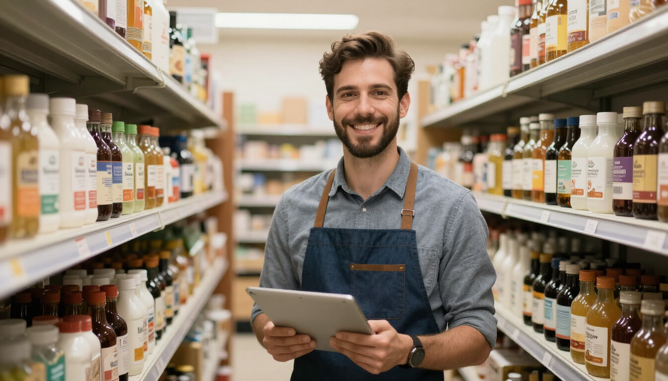 Owner stocking shelves in shop