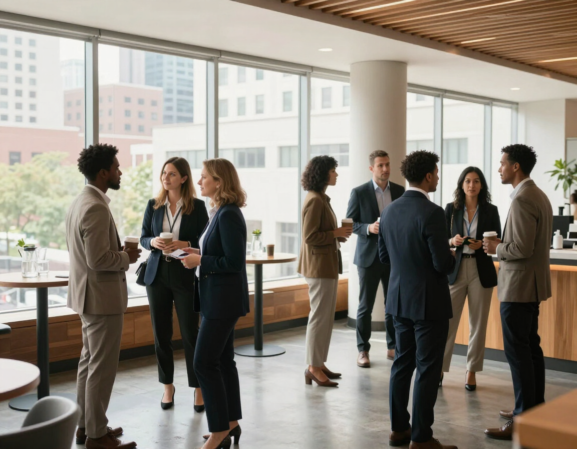 Professionals networking in Midtown venue
