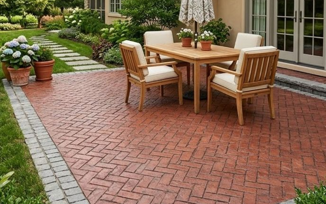Brick patio with wooden table and chairs beside a garden and house windows