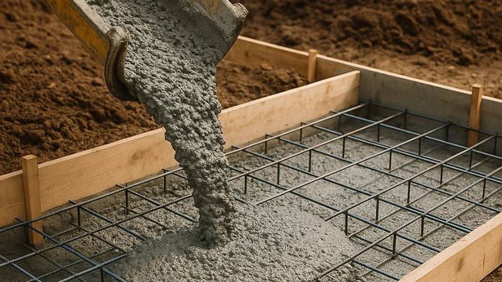 Wet concrete being poured into a wooden form with steel rebar at a construction site