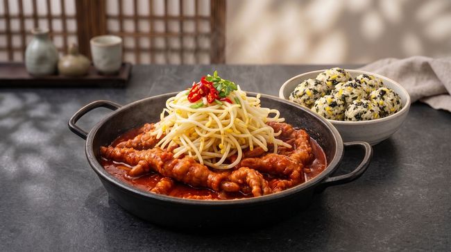 Korean-style spicy noodles topped with shredded cheese and chili peppers, served with rice in a black pan