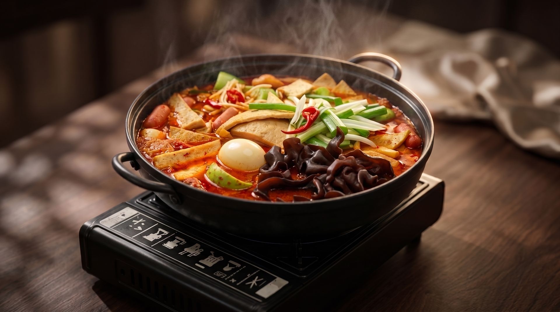 Bubbling red stew with vegetables in a black pot on a portable burner
