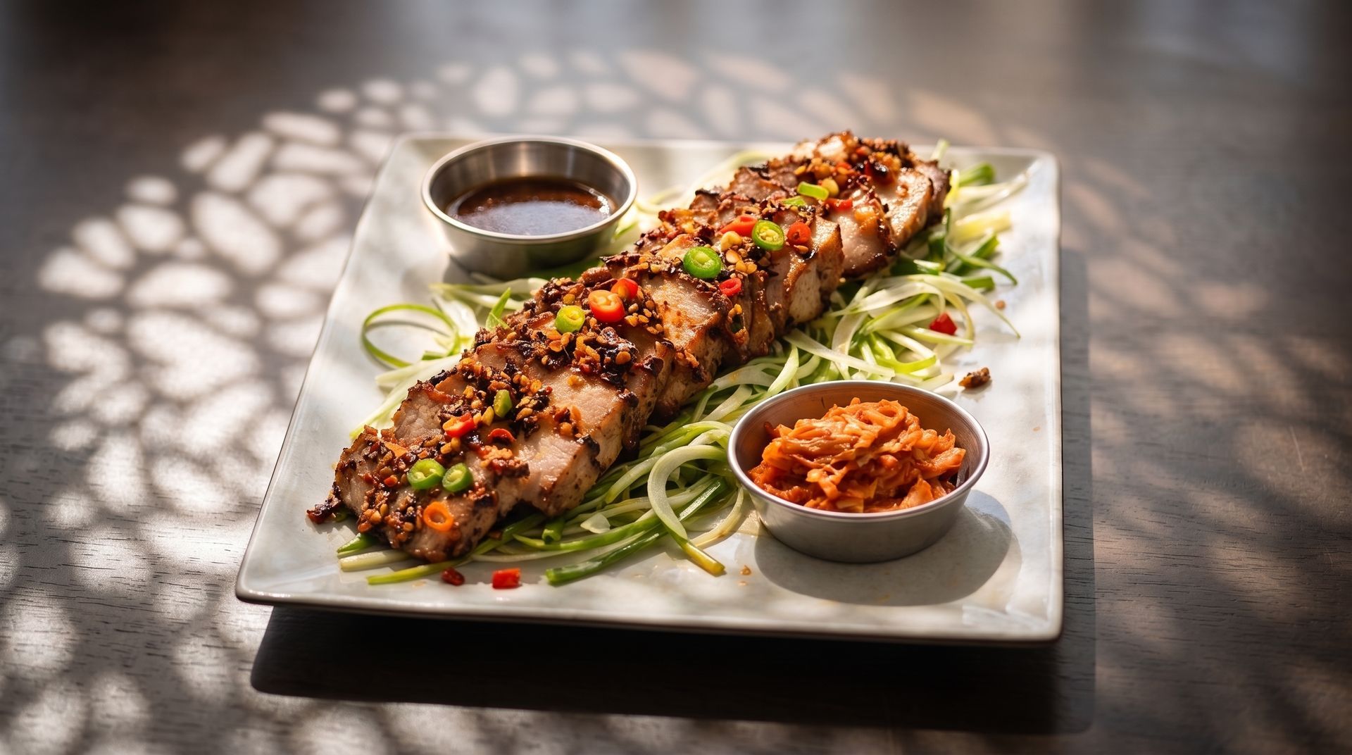 Grilled kebab on a white plate with two dipping sauces and greens, lit by patterned sunlight
