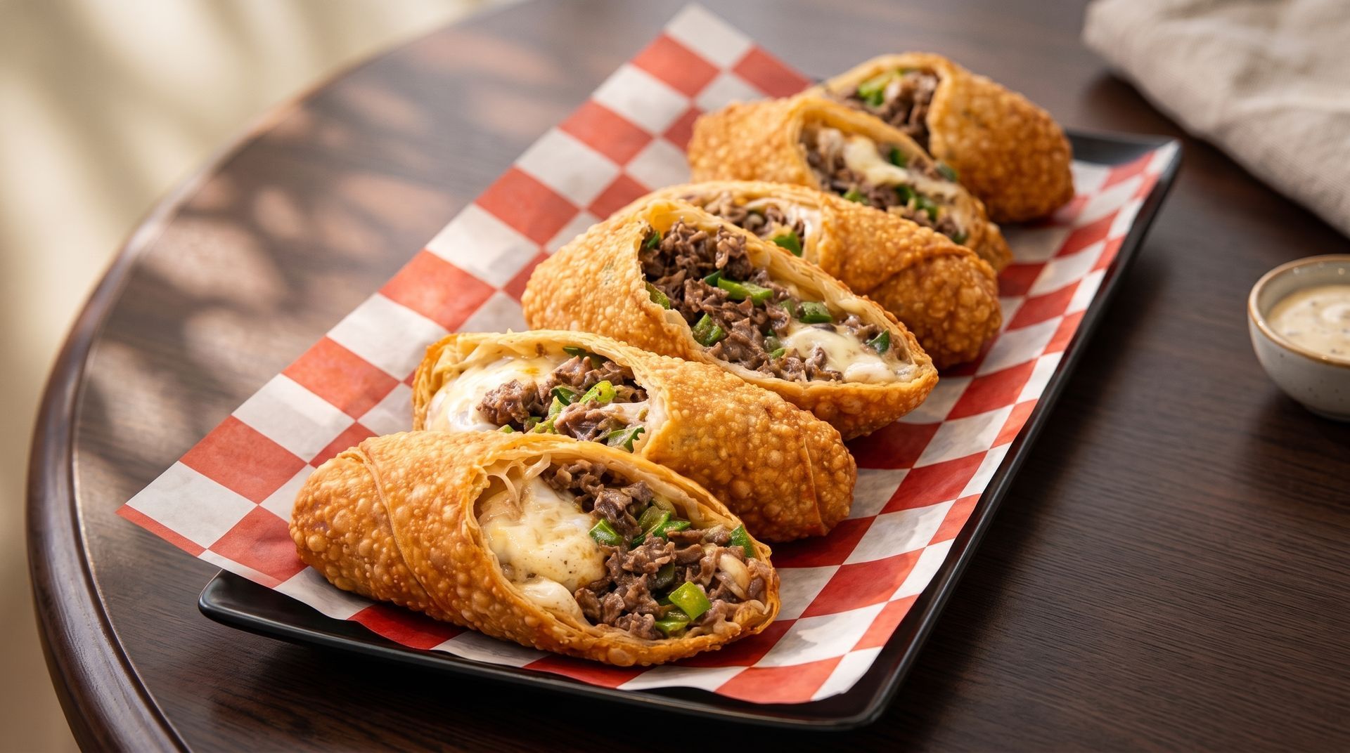 Plate of golden fried stuffed pastries on a red-and-white checkered tray