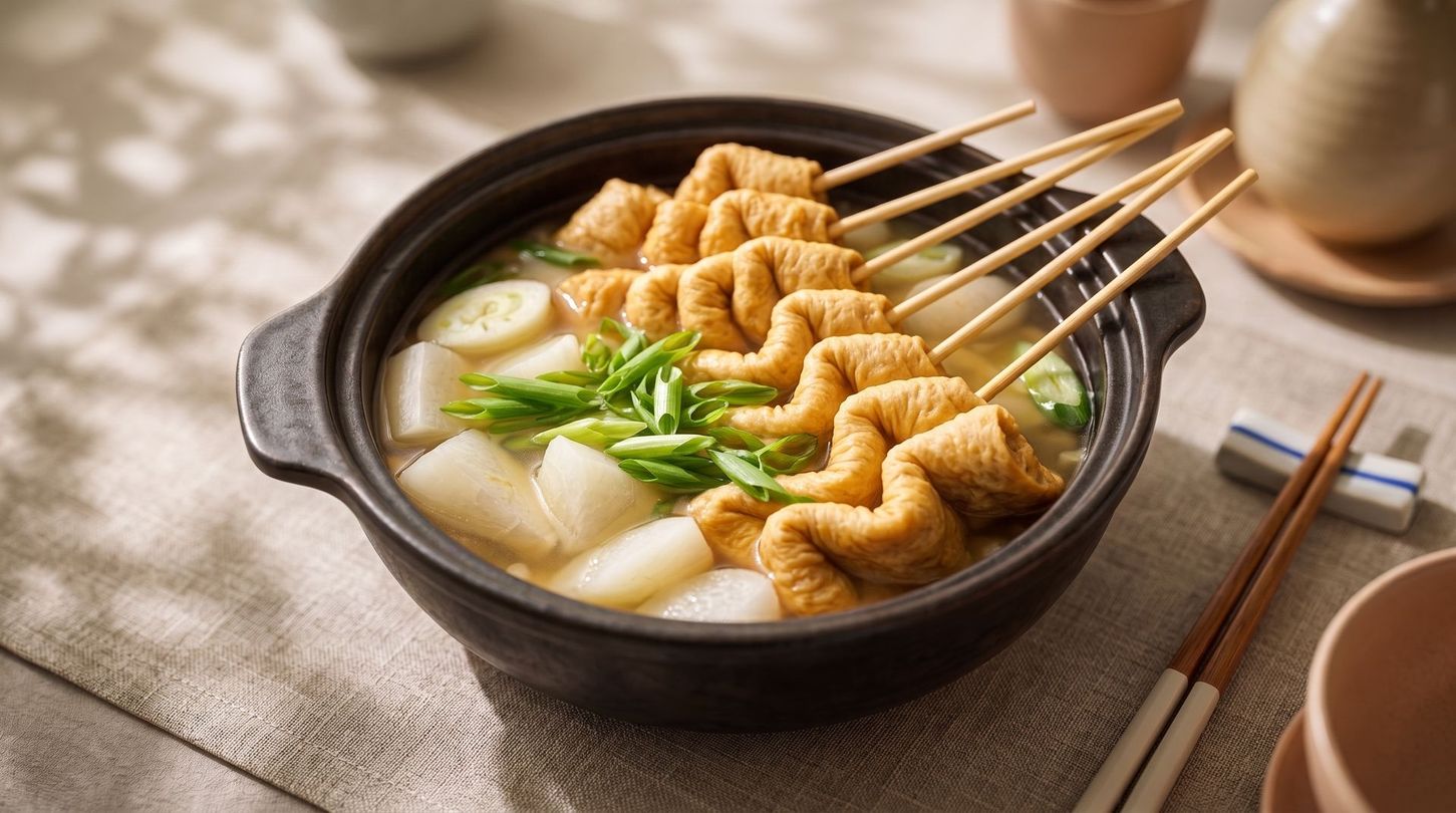 Japanese noodle soup with fried tofu, green onions, and chopsticks in a black bowl