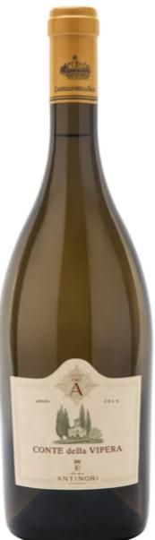 Bottiglia di vino con etichetta color crema; tappo dorato; vetro color cuoio; scritta
