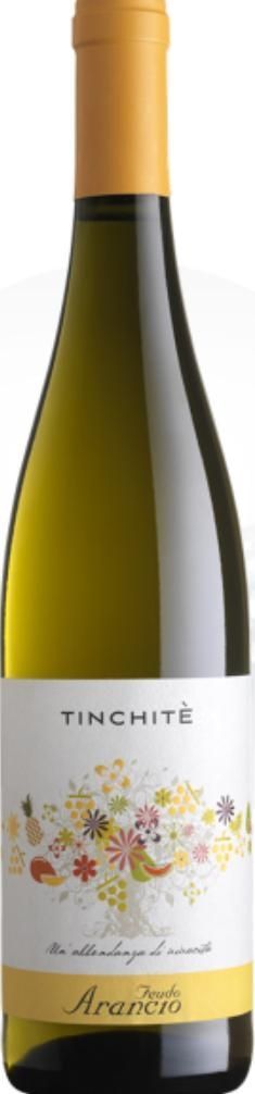 Bottiglia di vino Tinchitè Branco con etichetta floreale e dettagli dorati.