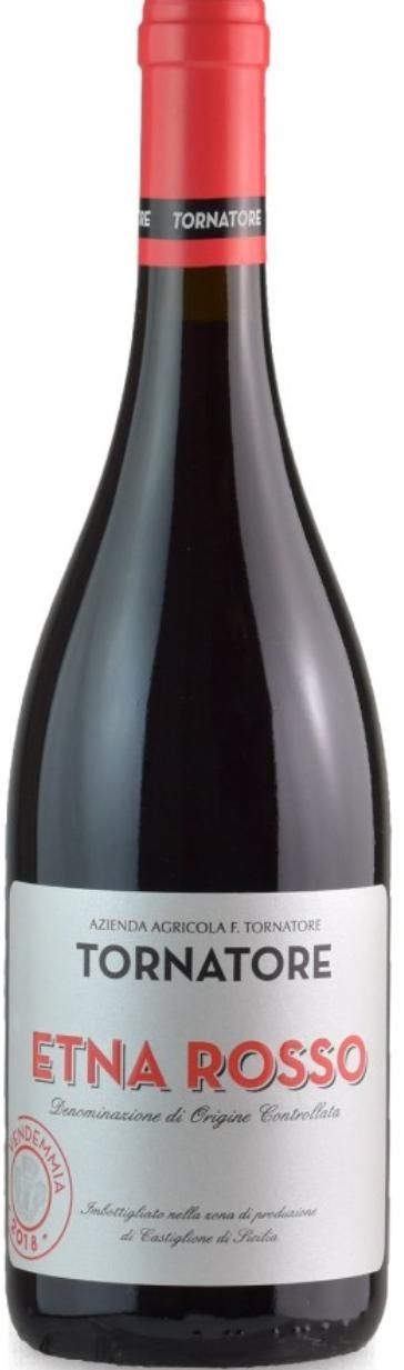Bottiglia di vino Tornatore Etna Rosso con tappo ed etichetta rossi.