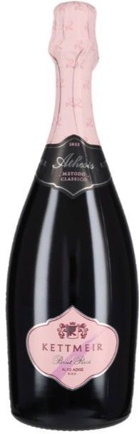 Una bottiglia di spumante Kettmeir. Bottiglia scura con etichetta rosa e stagnola.