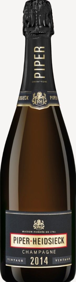 Bottiglia di champagne Piper-Heidsieck. Bottiglia scura con etichetta nera e dettagli dorati.