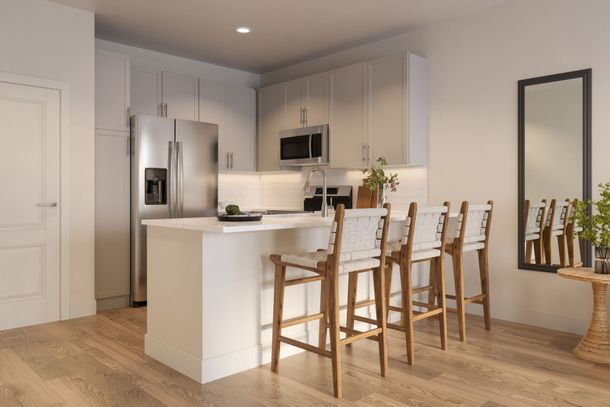 A1 one bedroom terrace apartment kitchen with island at The Cottage Green Tomball in Tomball TX
