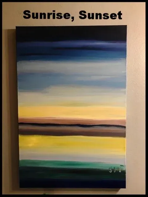 Abstract landscape painting with blue, gold, and green bands under the title “Sunrise, Sunset”