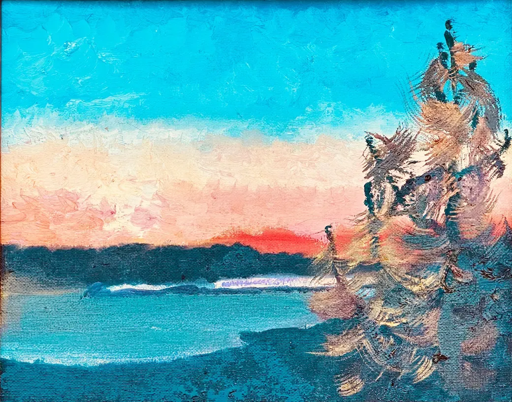 En plein air landscape painting of a Nevada lakeshore at sunrise with vibrant skies