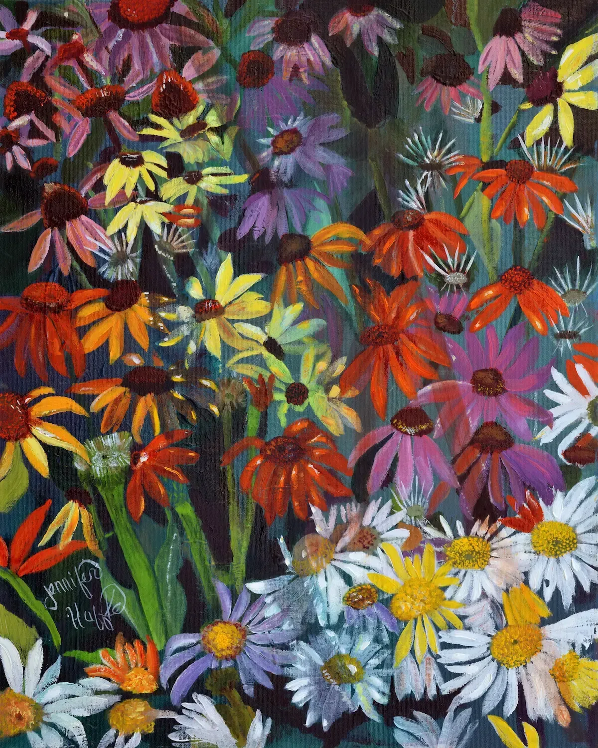 Colorful cluster of daisy-like flowers in red, yellow, purple, and white on a dark background