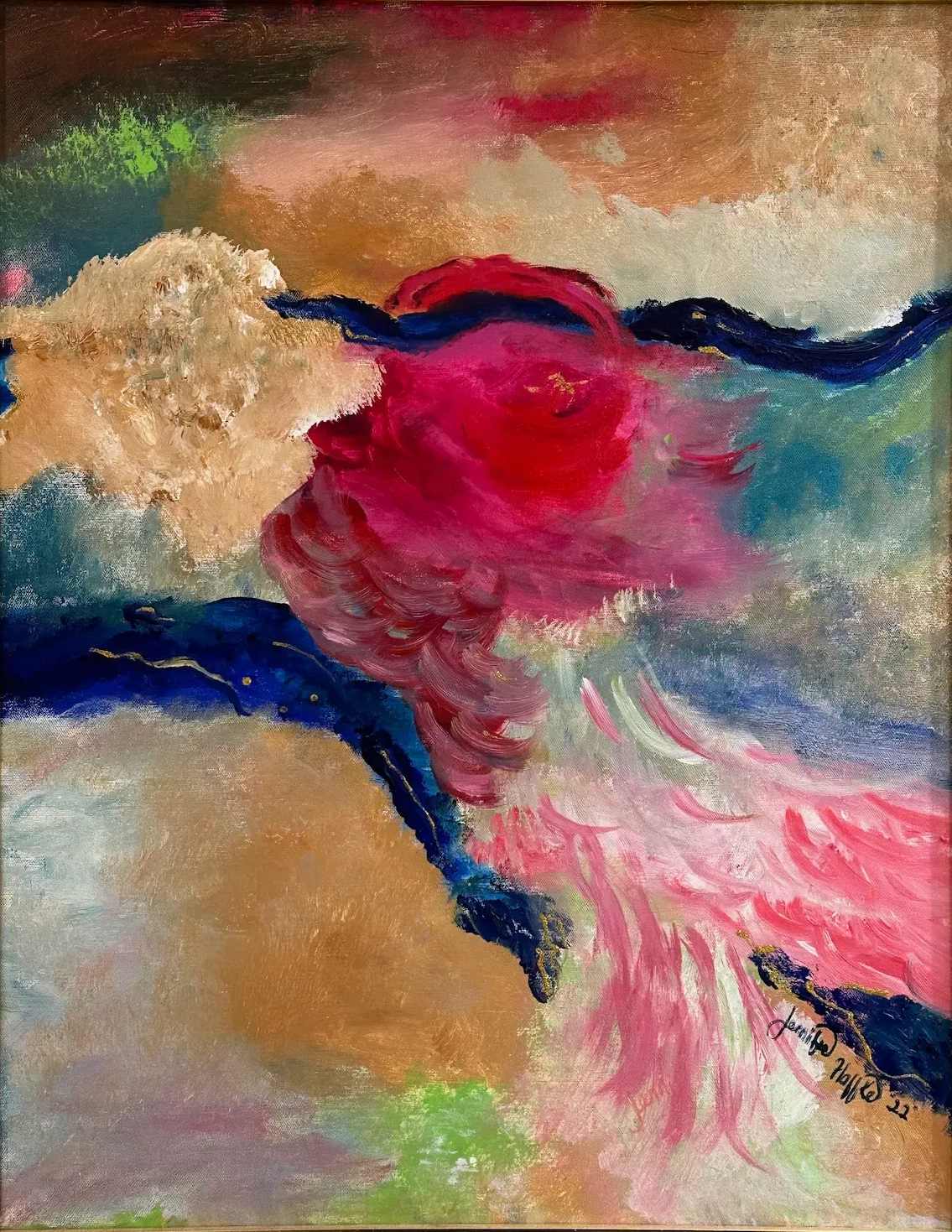 Abstract faith-inspired mixed media painting with vibrant colors and textured layers by J.P. Haffke