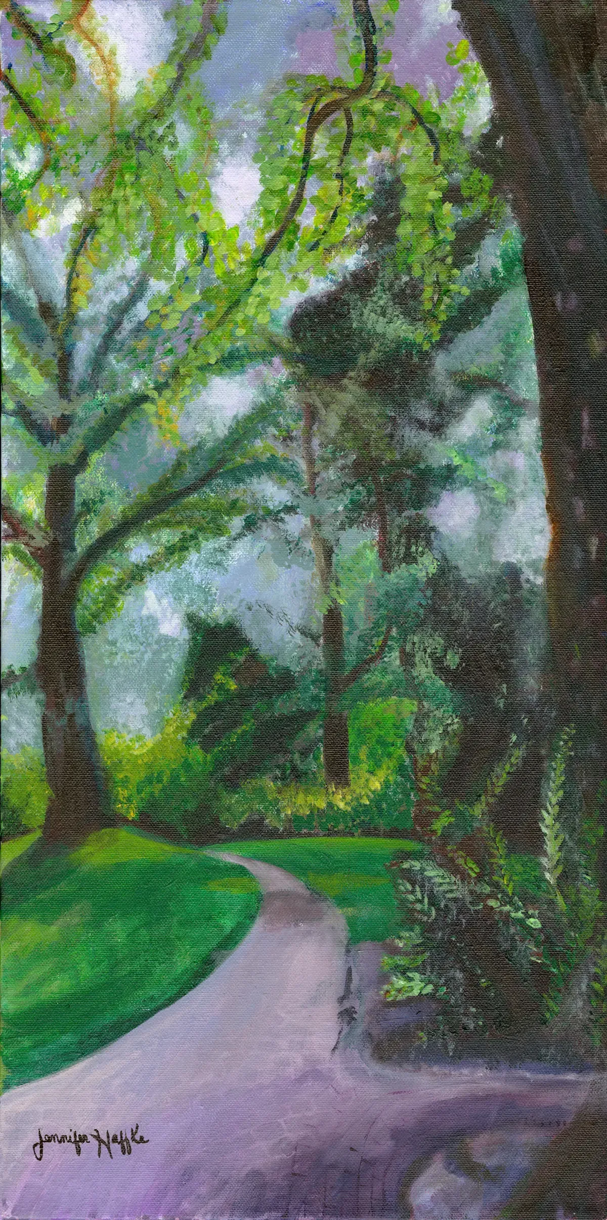 Painterly park path winding past green trees and shrubs under a gray sky