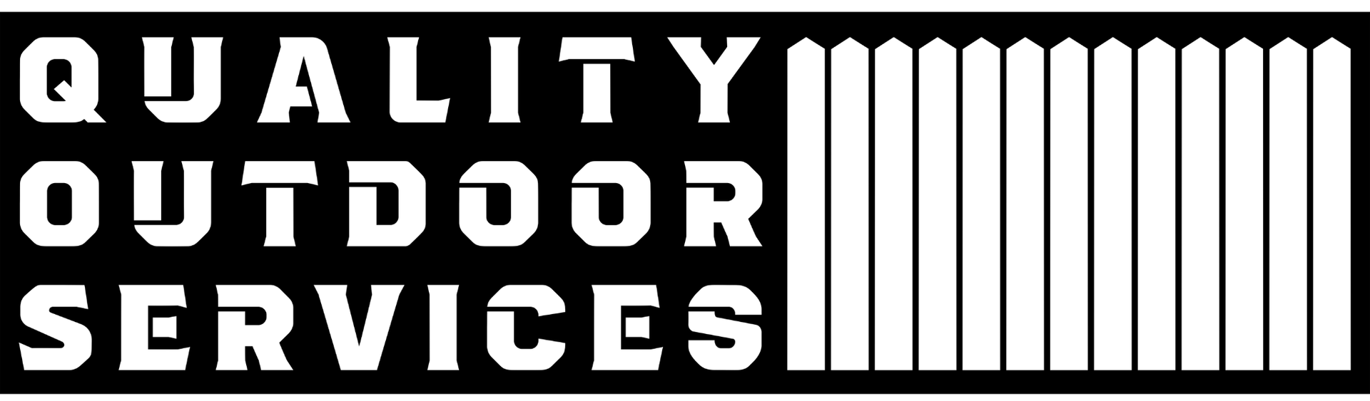 Black logo for "Quality Outdoor Services" with white text and an icon resembling a picket fence.