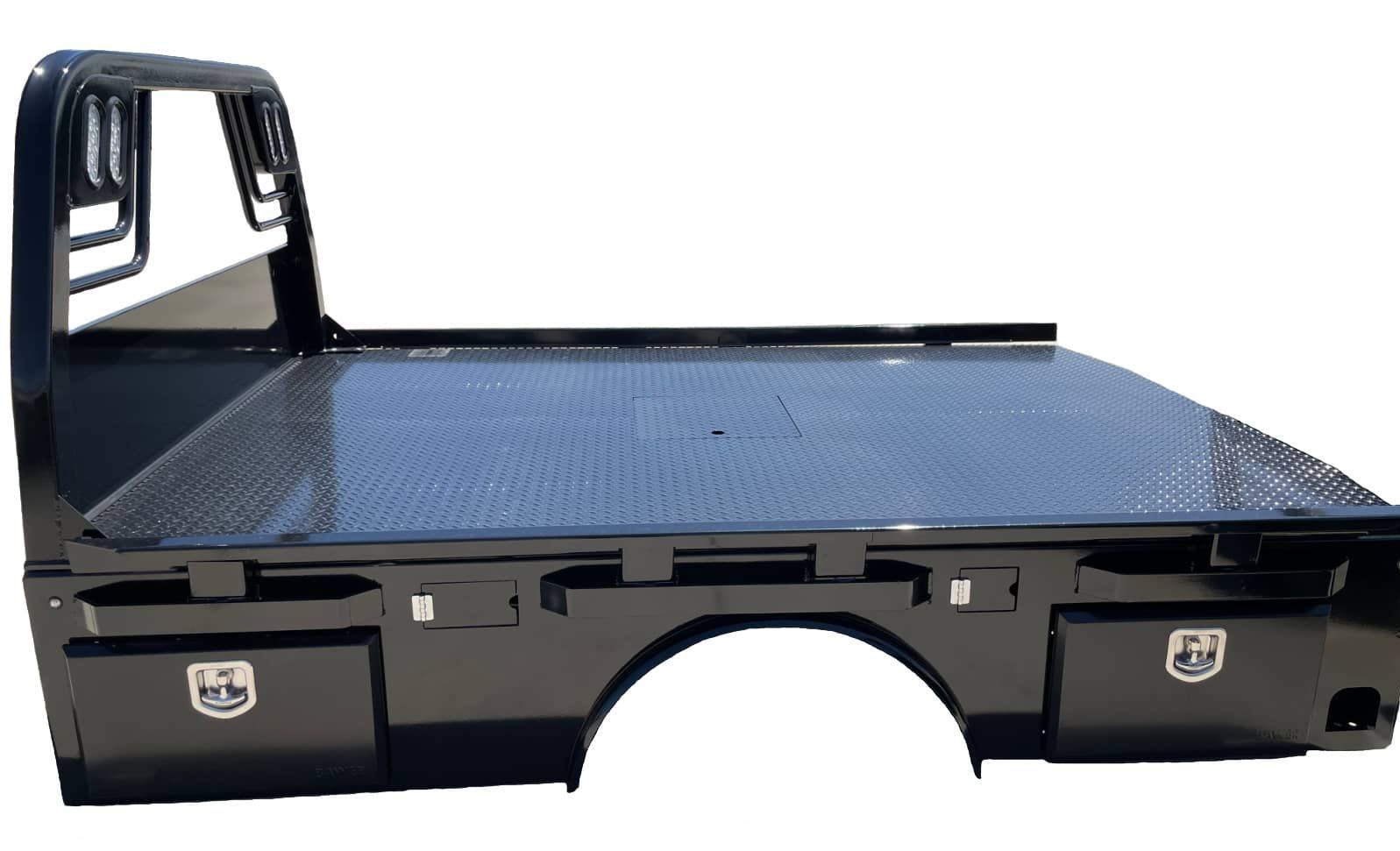 Black flatbed truck body with diamond plate floor and storage compartments.