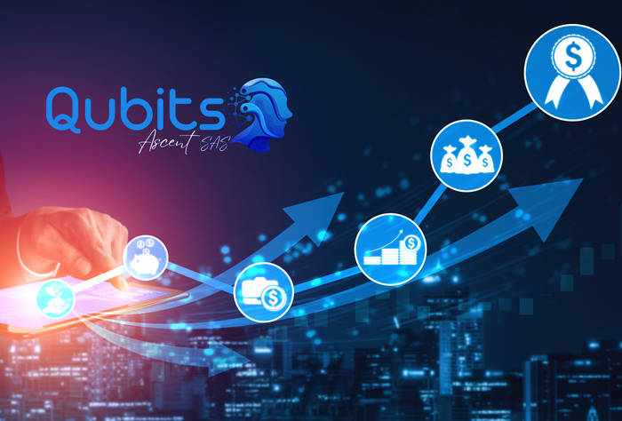 Mano señalando un gráfico de crecimiento financiero con iconos y el logotipo de "Qubits Invest". Fondo de ciudad.