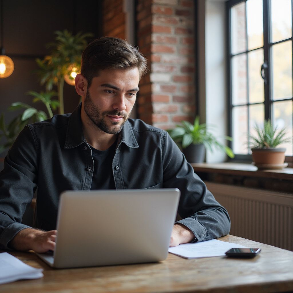 Hombre trabajando con una laptop en su escritorio, con expresión concentrada. Ventana y plantas al fondo.