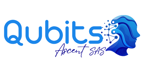 Logotipo: "Qubits" en fuente azul, con una cabeza azul estilizada y diseño de red. Texto "Ascent SAS".